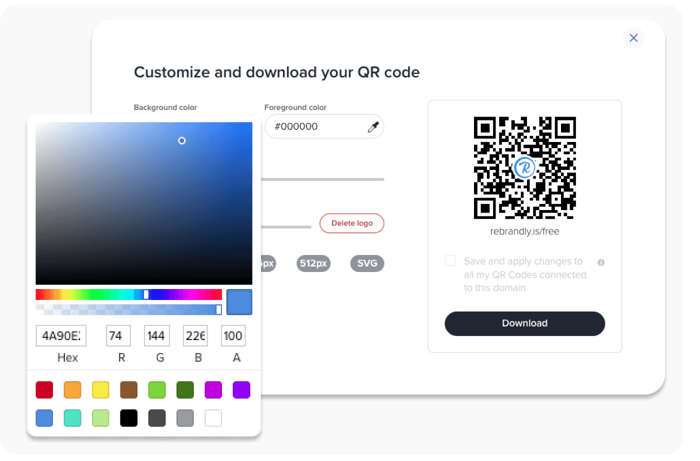 Rebrandly’s QR code generator window showing headline text that reads “customize and download your QR code” with a pop-up of a color picker on the left and a preview on the right showing a QR code for the URL “rebrandly.is/free” and a Download button at the bottom.