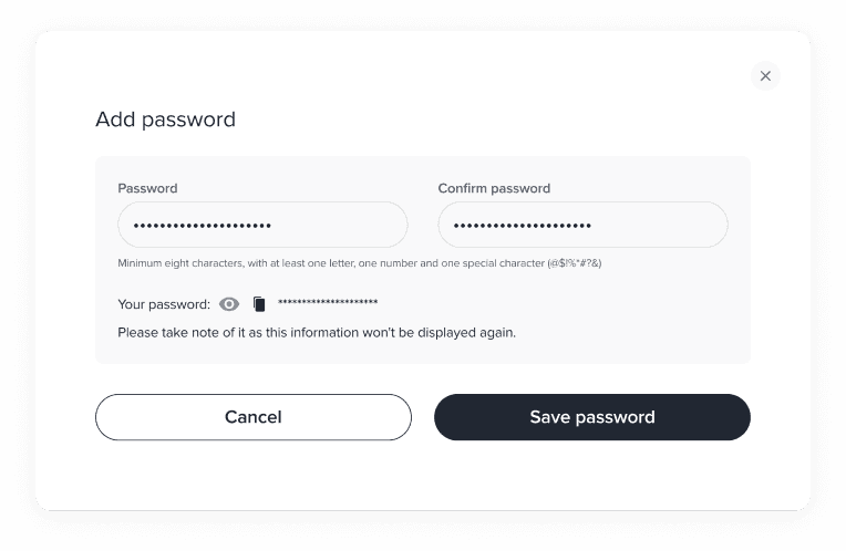 Rebrandly’s password creation window with two fields to create a password and confirm the password and the buttons to cancel or save password.