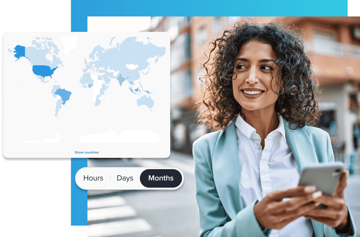 Woman holding a phone and smiling with eyes toward the left, where there’s a global map highlighting some regions and a tab with the option to switch between hours, days, and months.