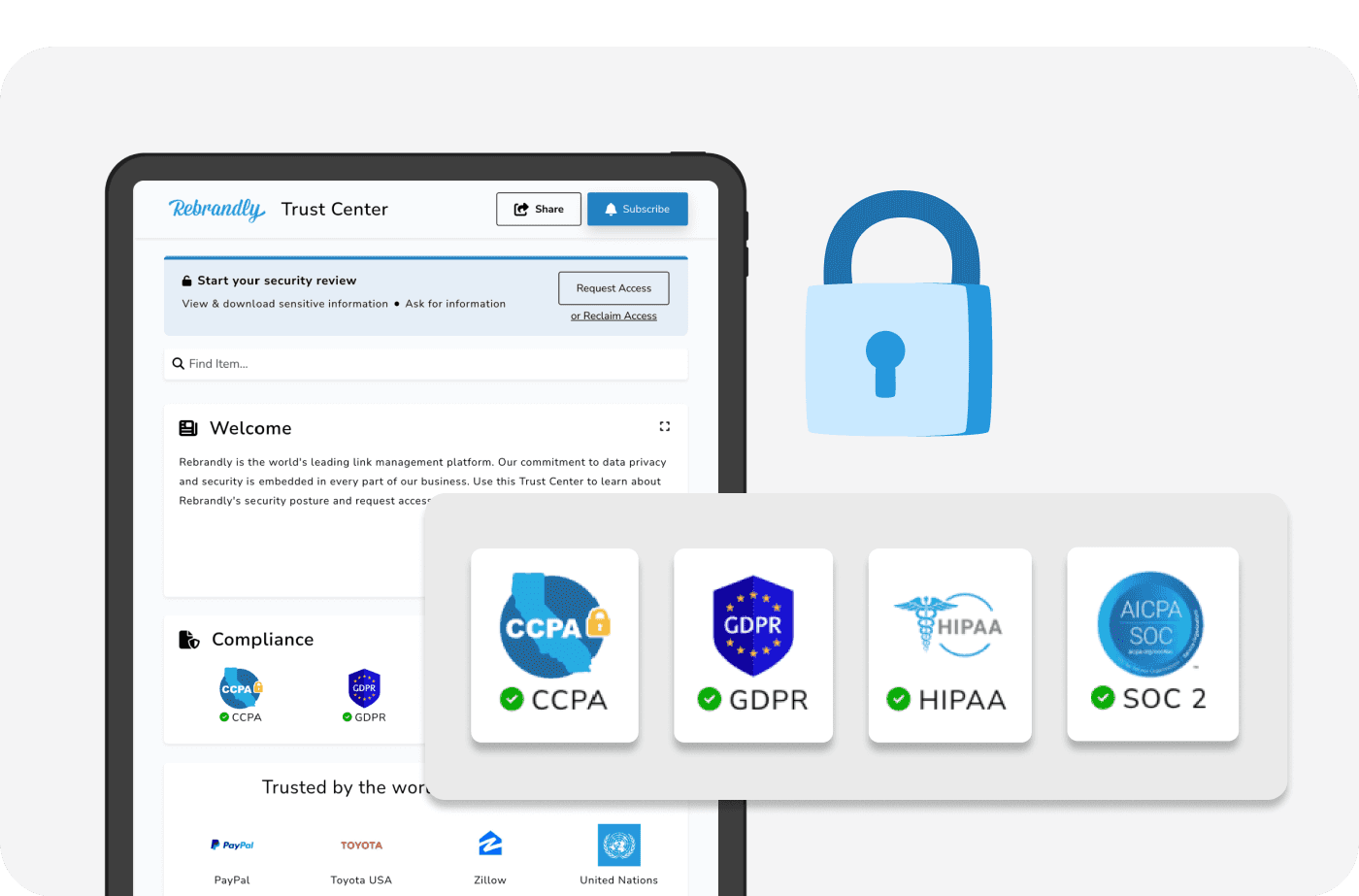 Rebrandly Trust Center window with a lock icon displayed on the right and four compliance certifications magnified for CCPA, GDPR, HIPAA, and SOC 2.