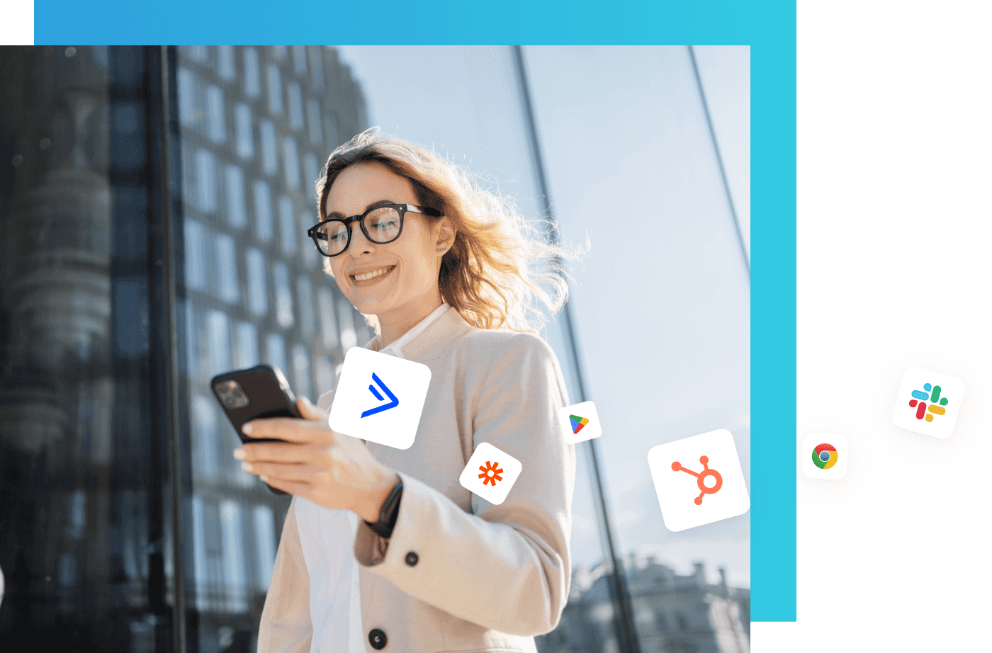 Woman wearing glasses smiling at her phone and flying icons for popular integrations including ActiveCampaign, HubSpot, Hootsuite, Slack, and Google Play.