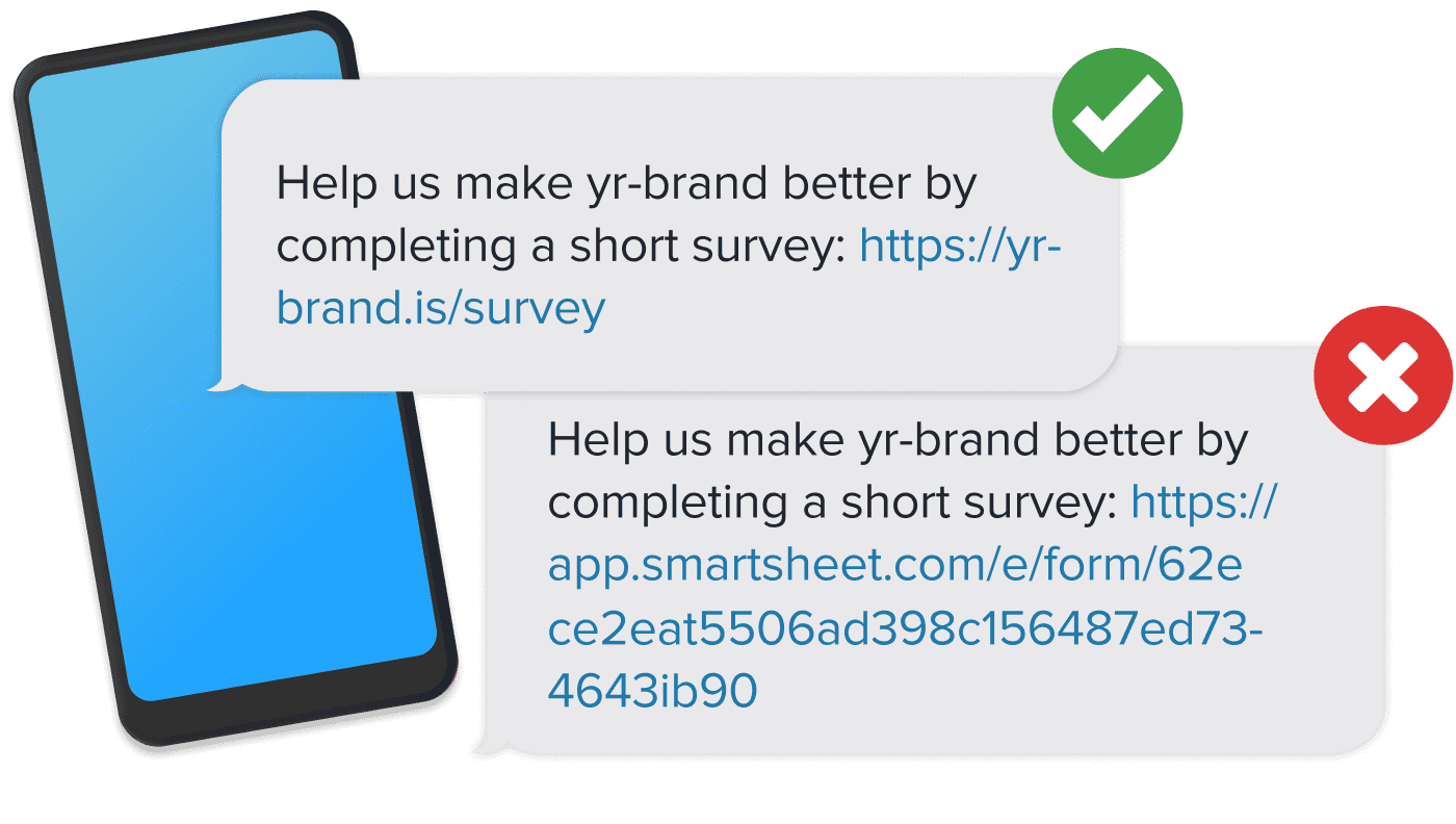 Mobile phone with two expanded windows showing text that reads “help us make yr-brand better by completing a short survey” and the window with a green check mark has a short branded URL while the window with a red “X” mark has a long URL.